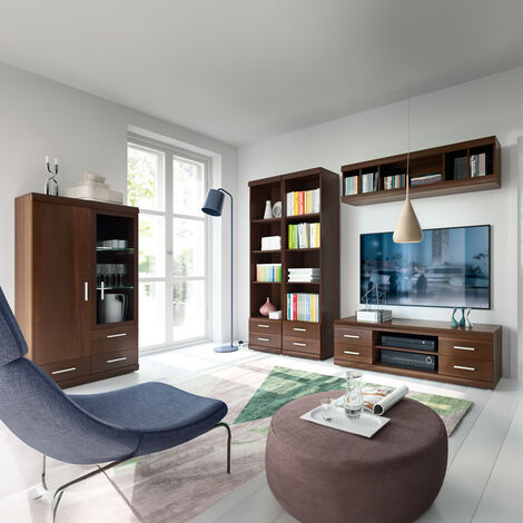 Wohnwand Set mit Vitrinenschrank Nussbaum IMPERIA-129