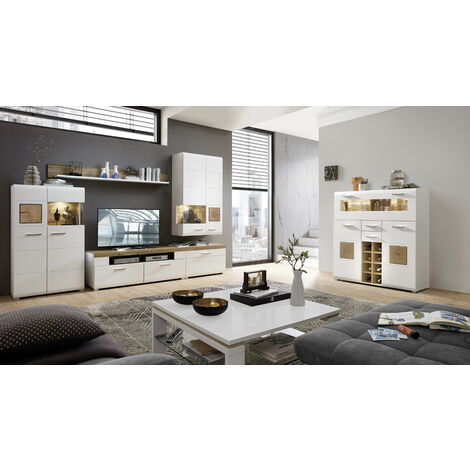 Wohnwand weiß mit Barschrank FARO-36 Set Eiche Nb. inkl. LED, B/H/T: ca. 315/205/47 cm