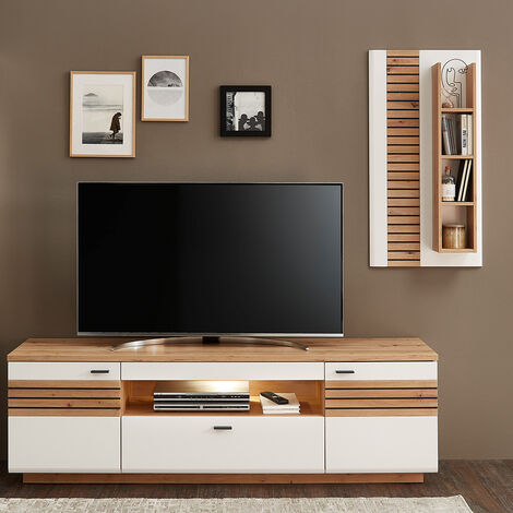 Wohnwand, weiß mit Eiche, FALLON-55, modern, 2-teilig