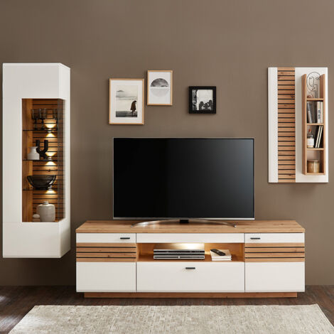 Wohnwand, weiß mit Eiche, FALLON-55, modern, 3-teilig, inkl. Beleuchtung