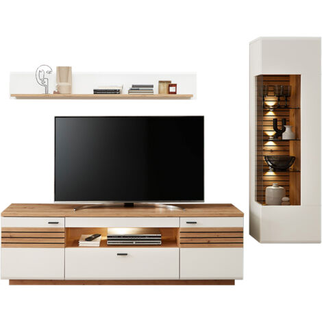 Wohnwand, weiß mit Eiche, FALLON-55, modern, 3-teilig, inkl. Beleuchtung