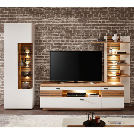 Wohnwand, weiß mit Eiche, FALLON-55, modern, 3-teilig, inkl. Beleuchtung