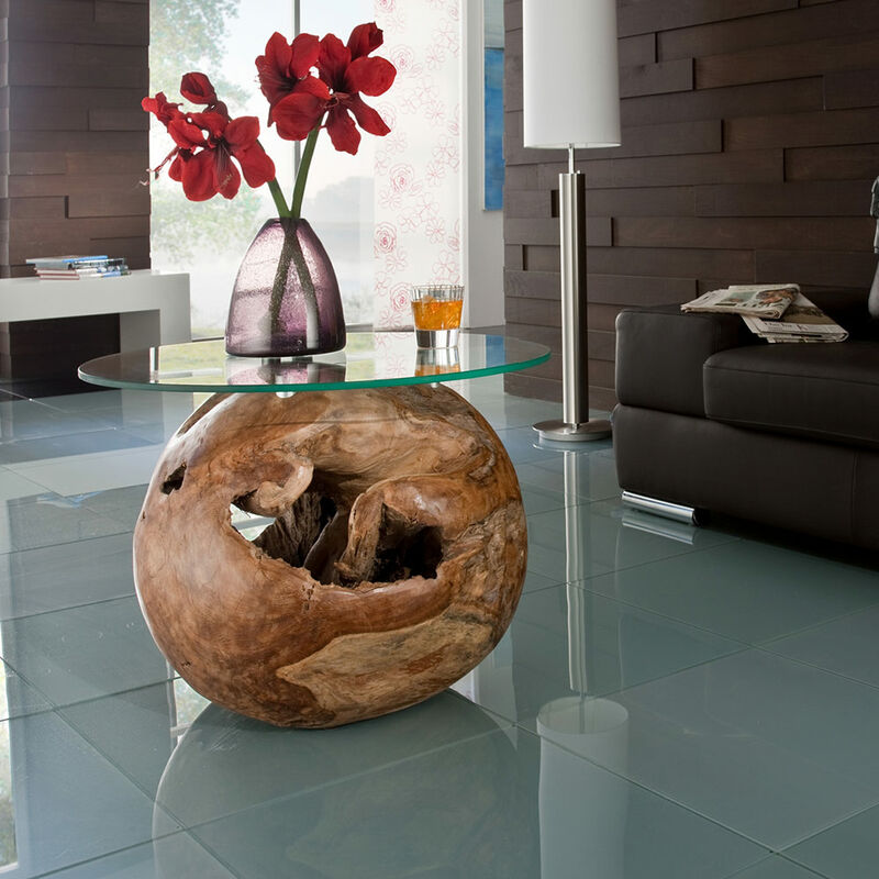 Wohnzimmer Couchtisch UNIKAT Beistelltisch mit Kugel aus Teak-Holz und Glasplatte B/H ca: 70/60cm