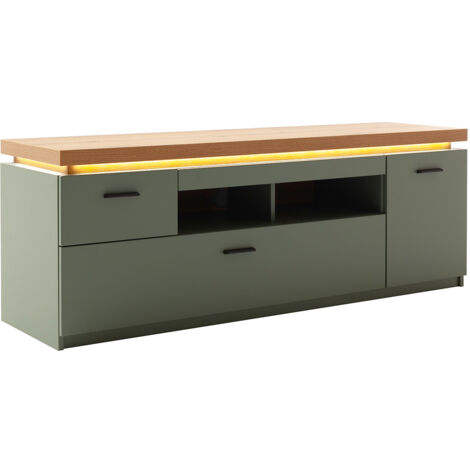 Wohnzimmer-Fernsehschrank mit156 cm Breite in Grün mit Eiche, 1 Tür, 2 Schubladen, 2 Fächer, LED-Akzentbeleuchtung - MOSTAR-05