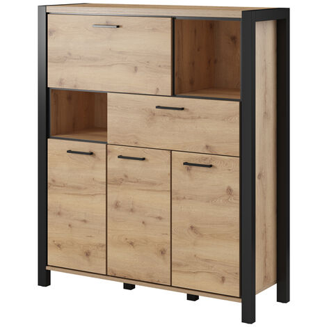 Wohnzimmer Highboard ACCRA-83 in Taurus Eiche Nb. und schwarzem Gestell, B/H/T: ca. 120/140/41 cm