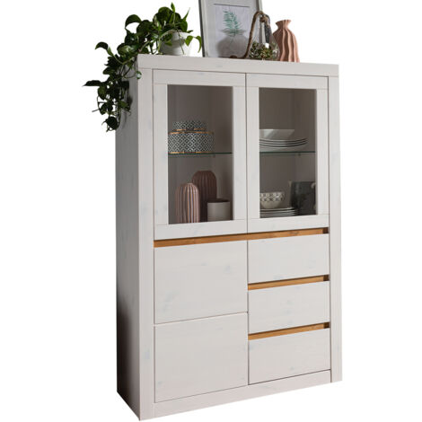 Wohnzimmer Highboard Massivholz WILSON-69 in Kiefer massiv weiß, B/H/T: ca. 94,5/150/42 cm