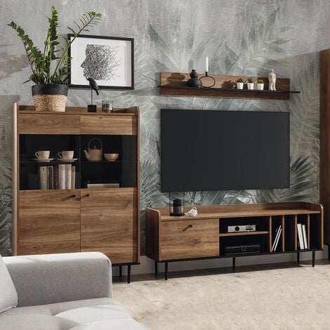 LOMADOX Wohnzimmer Möbel Set Eiche Nb. im Vintage Stil VAREDO-132 150 cm Lowboard, Wandboard und Highboard, B/H/T: ca. 255/180/40 cm