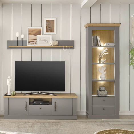 Wohnzimmer Möbel Set mit LED Beleuchtung in grau mit Artisan Eiche Nb. CHATHAM-61, B/H/T ca. 241/201/44 cm
