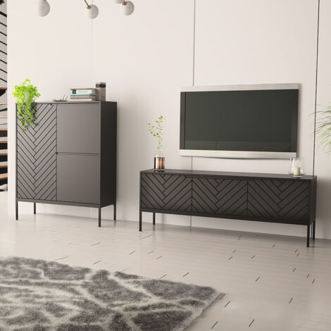 Wohnzimmer Set 2-teilig modern in schwarz matt mit gefrästen Fronten ANGERA-140
