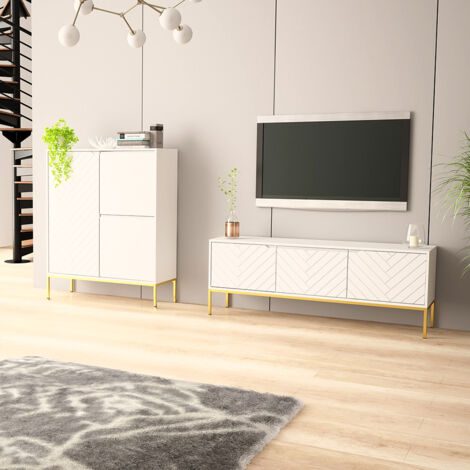 Wohnzimmer Set 2-teilig modern in weiß matt mit gefrästen Fronten ANGERA-140