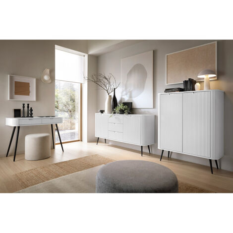 Wohnzimmer Set 3-teilig mit Rillen in weiß, Füße schwarz, ZARA-160