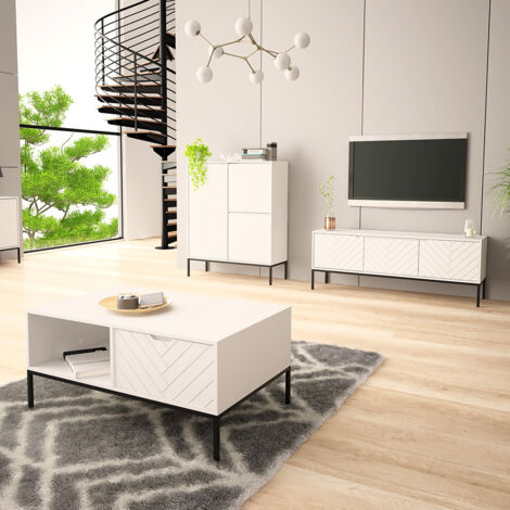 Wohnzimmer Set 3-teilig modern in weiß matt mit gefrästen Fronten ANGERA-140