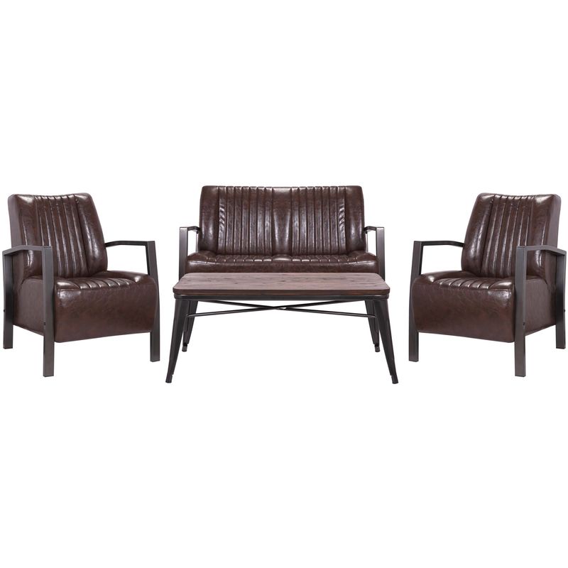 Wohnzimmer-Set 493, 2er Sofa Polstersessel Couchtisch, Kunstleder Metall Industrial FSC ~ braun - HHG