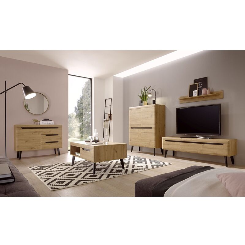 Wohnzimmer Set TIROL-61 in Eiche Artisan mit Schwarz skandinavisches Design, mit Couchtisch und Sideboard