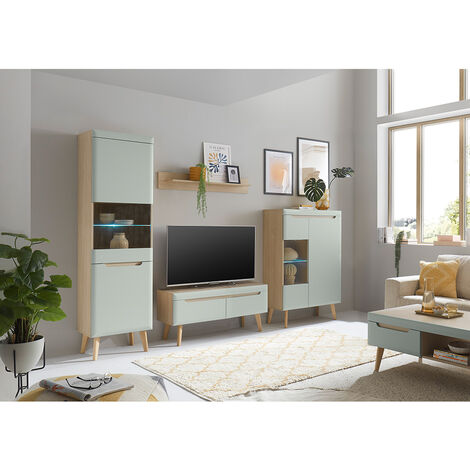 Wohnzimmer Set in Grün Matt mit Eiche STOCKTON-61, 5-teilig inkl. Couchtisch