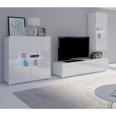 LOMADOX Wohnzimmer Set mit Highboard in weiß Hochglanz mit LED Beleuchtung CAIRNS-132, B/H/T ca. 265/200/43 cm