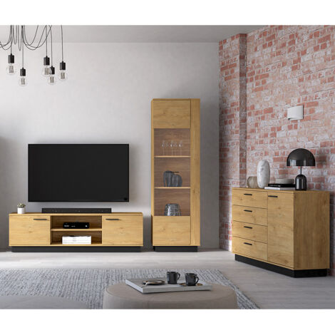 Wohnzimmer-Set mit Vitrine & Lowboard, Eiche modern 3-teilig MARSALA-131