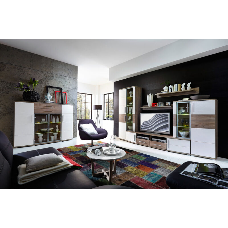 Wohnzimmer Set mit Wohnwand & Highboard JASON-36 weiß Silbereiche modern