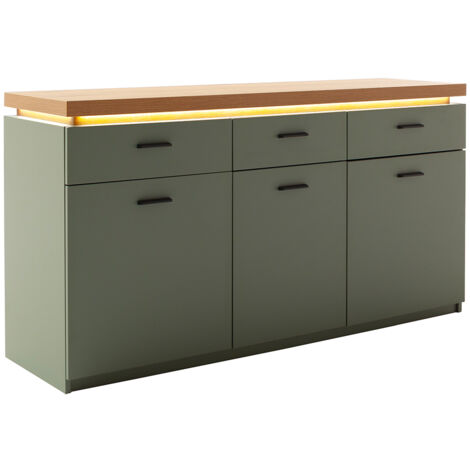 Wohnzimmer-Sideboard mit 156 cm Breite in Grün mit Eiche, 3 Türen, 3 Schubladen, LED-Akzentbeleuchtung - MOSTAR-05