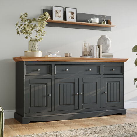 Wohnzimmer Sideboard mit Wandboard, Massivholz in grau mit Kiefer Optik BORMIO-163, 2-teilig