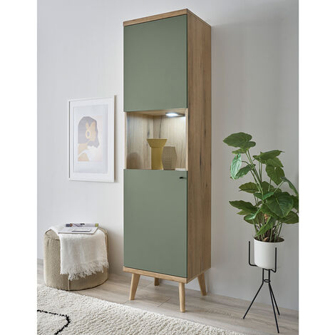 Wohnzimmer Standvitrine in Eiche mit grün AVEZZANO-61 Modern inkl. Beleuchtung