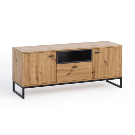 Wohnzimmer TV Lowboard in Artisan Eiche Nb. mit schwarzem Metallgestell OSTUNI-132, B/H/T ca. 135/55/40 cm