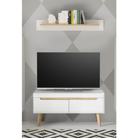 Wohnzimmer TV-Lowboard und Wandboard in Weiß Matt mit Eiche STOCKTON-61, 2-teilig