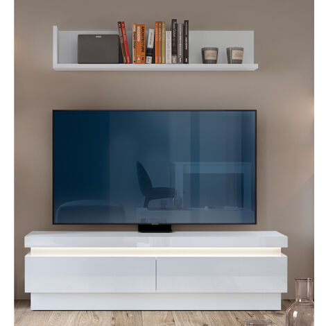 Wohnzimmer TV-Möbel Set, Lowboard & Wandboard, in weiß Hochglanz mit indirekter Beleuchtung, LYNDHURST-129, B/H/T ca. 147/165/42 cm