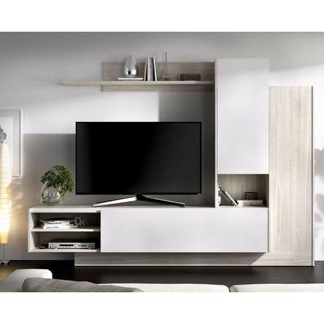 Wohnzimmer-TV-Schrank 218 cm Paige glänzend weiß und Eiche grau Weiß und Grau