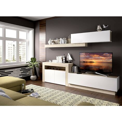 Wohnzimmer-TV-Schrank 261 cm Ilary Glänzend Weiß und Natürlich weiß und natürlich