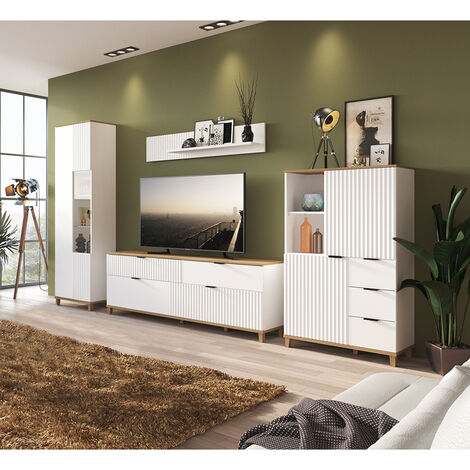 Wohnzimmer TV Wohnwand PLYMOUTH-129 in weiß mit Eiche Nb., B/H/T: ca. 370/208,4/40 cm