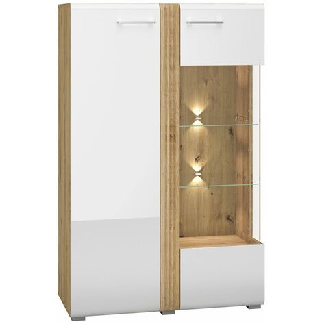 Wohnzimmer Vitrine Highboard Eiche Castello Nb. mit weiß Hochglanz AKRON-131 MDF Front mit edler Fräsung, B/H/T: ca. 92/143/42 cm