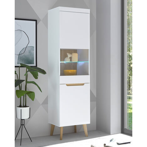 Wohnzimmer Vitrine in Weiß Matt mit Eiche STOCKTON-61 inkl. Beleuchtung