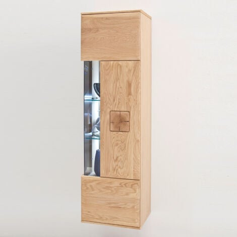 Wohnzimmer Wohnwand Hängevitrine BADALONA-05 in Eiche Bianco massiv, Front gerundet mit Baumhirn-Intarsie - B/H/T: 45/157/38cm