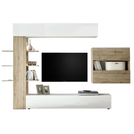 Wohnzimmer Wohnwand Weiß und Eiche L.295xP30xh.187 cm