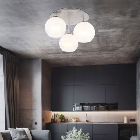 Wohnzimmerleuchte Deckenleuchte Lampe Glaskugel opal verchromt Kristalle 3x E27