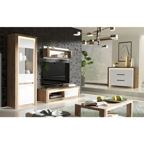 Wohnzimmermöbel Set 5-teilig mit Couchtisch modern in Eiche mit weiß LATINA-161