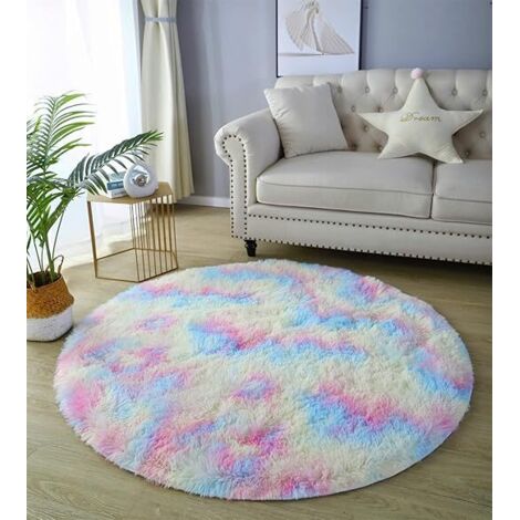 Wohnzimmerteppich, 100 x 100 cm (Regenbogen, rund), modernes Design, langflorig, rund, rutschfest, modernes Dekor, ultraweicher Plüschteppich für Zimmer, Zuhause, Kinderzimmer