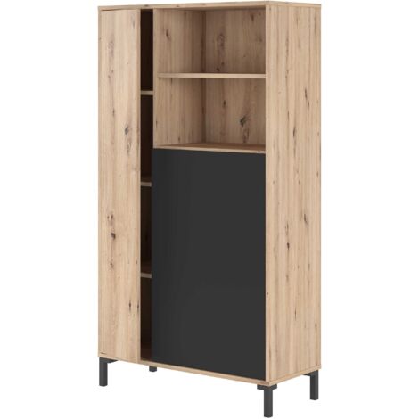 Wohnzimmervitrine 77x141x33 cm mit 2 Türen Eiche Knoten und Anthrazitgrau – Florenz