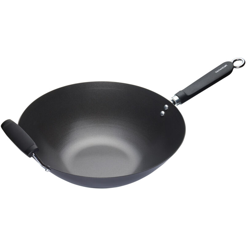KitchenCraft Carbon Steel 35.5cm Non-Stick Wok in Dark Grey