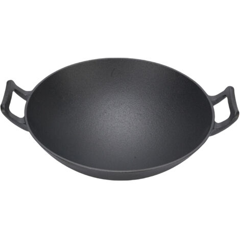 Wok multifonctionnel en fonte épaisse, Double oreille, fond rond, marmite à frire pour cuisinière à gaz, cuisinière à Induction à feu ouvert 32cm