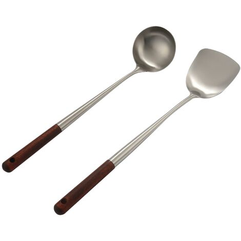 Wok Spatel und Schöpflöffel Werkzeug Set, 17 Zoll Spatel für Wok, Edelstahl Wok Spatel