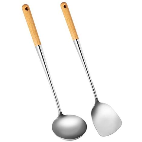 Wok Spatel und Wok Schöpfkelle Set, 17 Zoll Spatel für Wok, Edelstahl Wok Spatel, Anti Heat Wok U