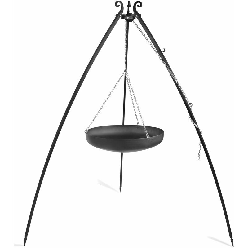 Wok sur trépied, hauteur 200 cm, acier brut, diamètre 60 cm