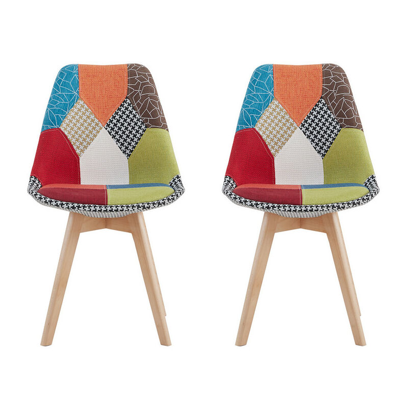 Wokaka - Lot de 2 chaise de salle à manger en lin avec pieds en hêtre massif, design rétro Patchwork multicolore Chaises rembourrées(rouge)