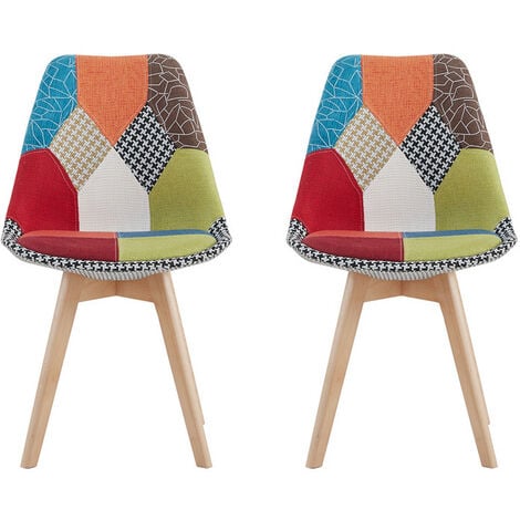 Wokaka Lot de 2 chaise de salle à manger en lin avec pieds en hêtre massif, design rétro Patchwork multicolore Chaises rembourrées(rouge)