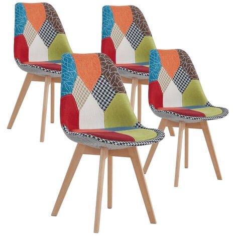 Wokaka Lot de 4 chaise de salle à manger en lin avec pieds en hêtre massif, design rétro Patchwork multicolore Chaises rembourrées(rouge)