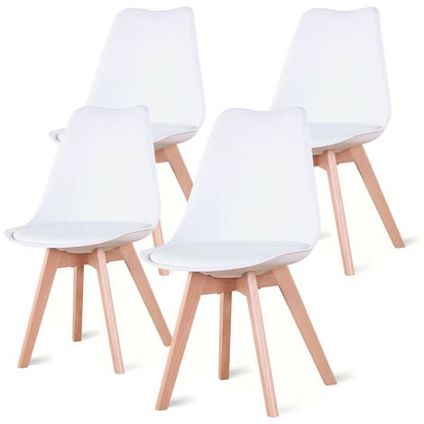 Wokaka Lot de 4 chaises de salle a manger - Coussin de siège en cuir-Scandinave(Blanc)