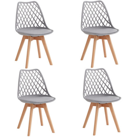Wokaka – Lot de 4 chaises de salle à manger – Dossier en maille – Assise en cuir imperméable – Design géométrique gris