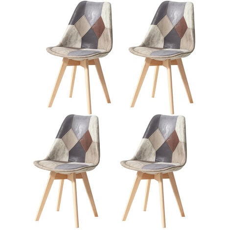 Wokaka Lot de 4 Chaises - Lin - Pieds en Hêtre Massif - Chaises Rembourrées Design Vintage Patchwork Multicolore(brun)